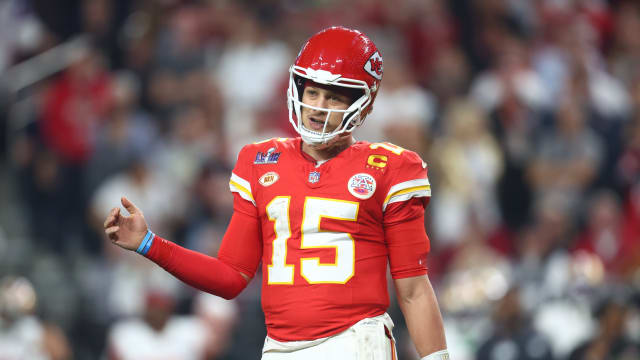 Feb 11, 2024; Paradise, Nevada, USA; Kansas City Chiefs quarterback Patrick Mahomes (15) reacts against the San Francisco 49ers in the fourth quarter in Super Bowl LVIII at Allegiant Stadium. Mandatory Credit: Mark J. Rebilas-USA TODAY Sports